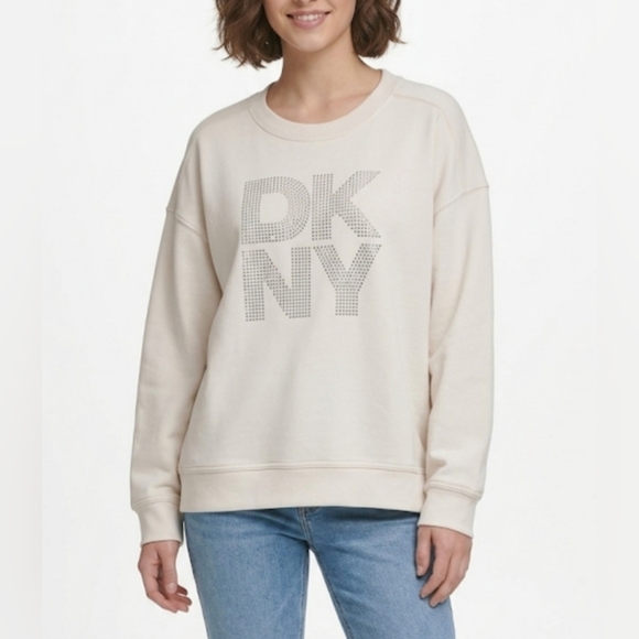 Dkny Sweaters - NWOT DKNY Cream Crewneck Sweatshirt with Rhinestone Logo size:XL